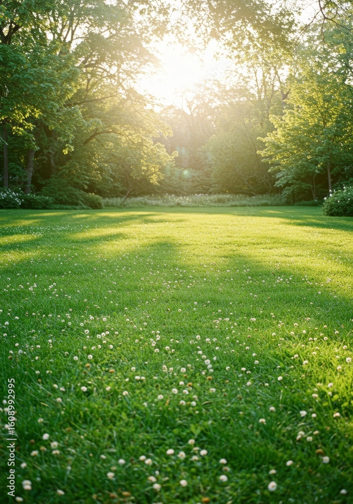 Obraz premium Lush Meadow with White Clover Blossoms in Golden Sunlight