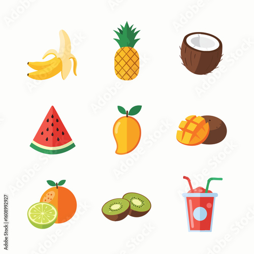 Assorted tropical and healthy fruits with refreshing drink flat vector icons