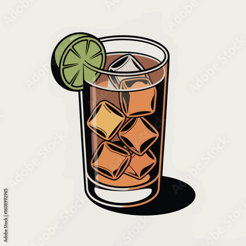Isometric Vector Illustration of a Highball Glass Filled with Amber Liquid Ice Cubes and Lime Wedge 3