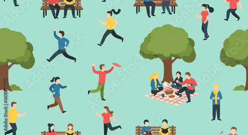 People enjoying outdoor activities in a park seamless pattern vector