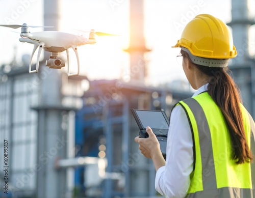 Female Engineer Controls Drone at Industrial Site with Yellow Hardhat and Safety Vest