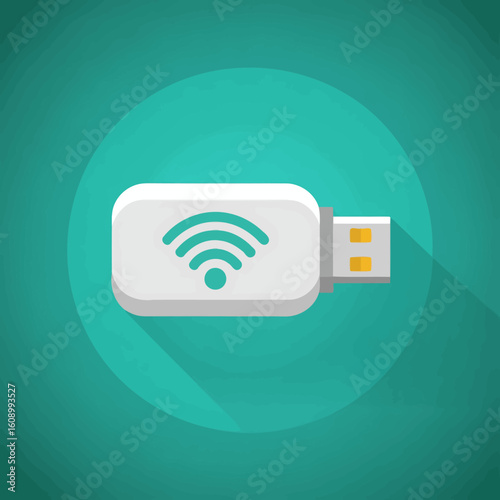 White USB Dongle with Wifi Symbol on a Green Background Promoting Wireless Connectivity and Internet Access Technology and Devices