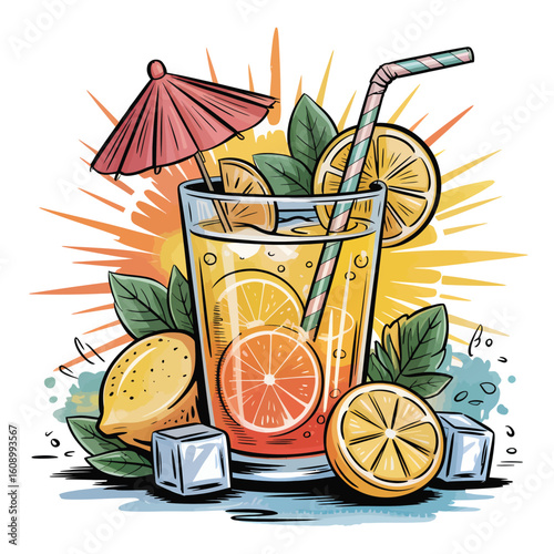 Vibrant Summer Citrus Drink Illustration with Lemon Orange Slices Ice Cubes and Paper Straw in a Glass with a Red Parasol and Green Leaves on