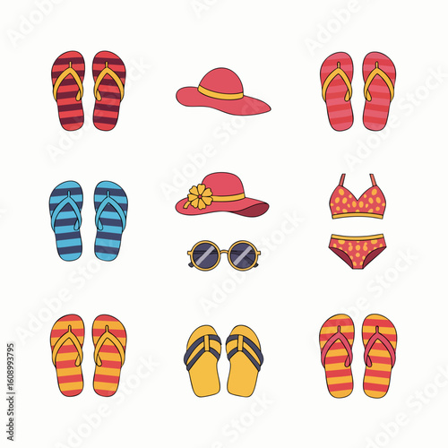 Vector set of summer beach accessories flip-flops hats bikini sunglasses