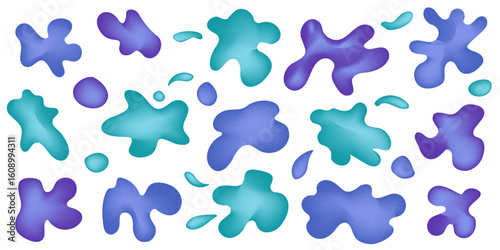 Set of organic irregular mesh blue gradient blob shapes with noises. Random deform water spot fluid circle Isolated on white background. Organic amoeba bright childish elements. Vector illustration.