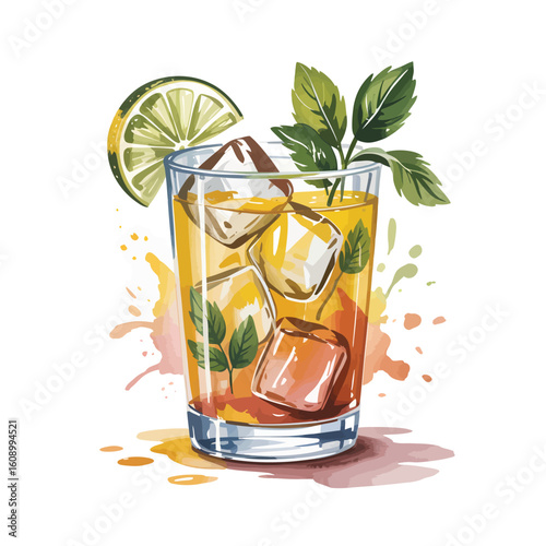 A Delicate Watercolor Painting of a Refreshing Yellow Orange Cocktail in a Glass with Ice Cubes Mint Leaves and a Lime Wedge