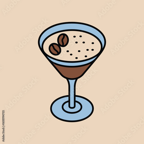 Isometric Vector Illustration of Espresso Martini Cocktail in Light Blue Glass with Coffee Beans Brown and Beige Color Palette Simple Line Art