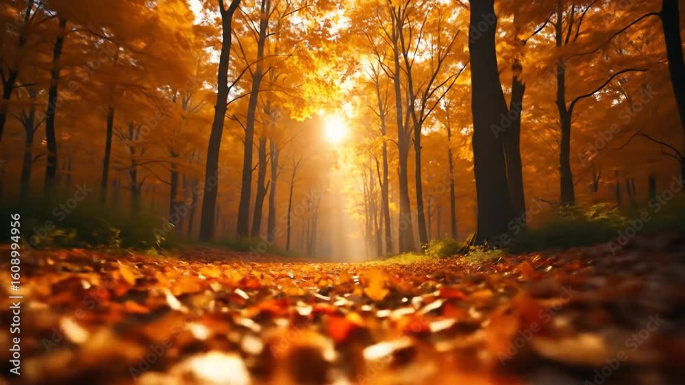 Walking Through Golden Autumn Forest with Sunlight Filtering Down