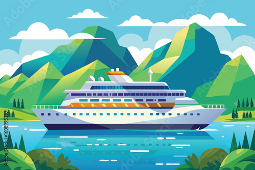 Cruise ship in the sea green mountain nature landscape vector illustration