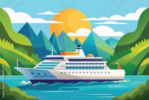 Cruise ship in the sea landscape vector illustration