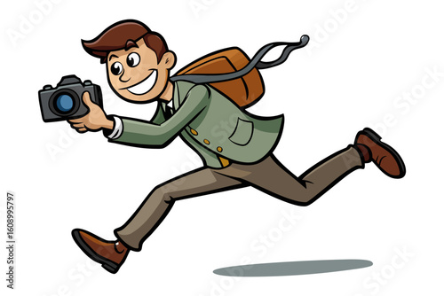 Energetic cartoon man with camera rushing to capture a fleeting moment with a backpack