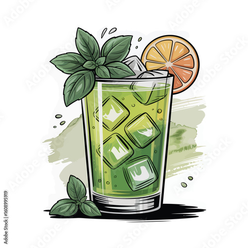 A stylized illustration of a refreshing green cocktail garnished with mint leaves and an orange slice ice cubes in a tall glass against a