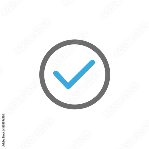 
Minimalistic vector icon of a checkmark in a circle, in blue and grey colors on a white background. Simple shapes and clean lines, with high resolution.