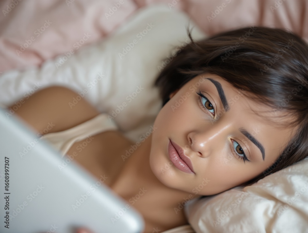 Obraz premium Young woman with short hair relaxing in bed while using a tablet.