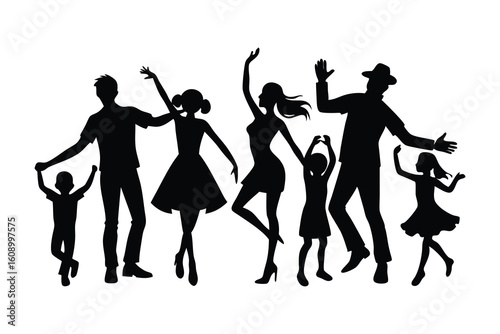Family and people dance black silhouette vector illustration on white background