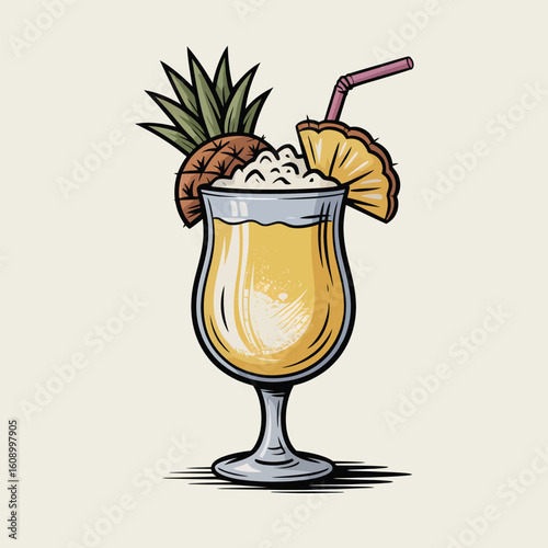 Hand Drawn Illustration of a Pina Colada in a Hurricane Glass Garnished with Pineapple and Whipped Cream a Pink Straw Adds a Touch of Color