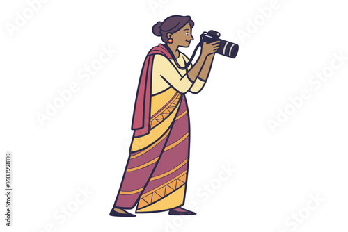 A woman in traditional indian attire captures a moment with her professional camera showcasing cultural representation in photography