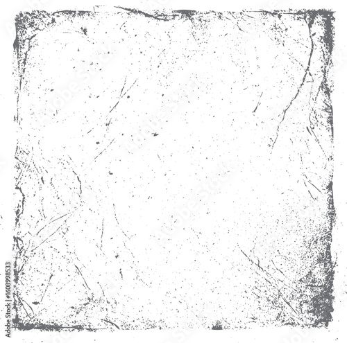 Grunge worn square frame texture design. Cracked abstract edge with dust marks. Vintage old paper border background.