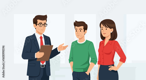 A professional advisor in a suit explains something on a clipboard to a young couple.
