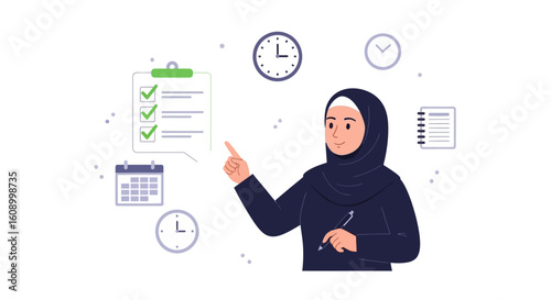 A woman wearing a hijab points to a clipboard with a checklist, surrounded by clocks, a calendar, and a notebook, representing organization and time management.