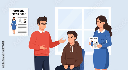 Managers explain the company dress code policy to a young employee wearing a casual hoodie in the office.