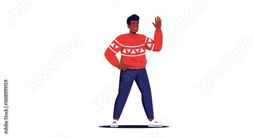 A smiling Black man in a red patterned sweater stands and waves a friendly greeting.