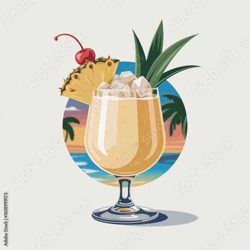 A hyperrealistic digital painting of a creamy light brown Piña Colada cocktail in a stemmed glass garnished with a pineapple wedge and a red