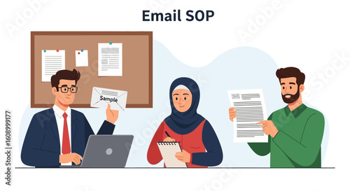 Diverse business team collaborating on email standard operating procedures (SOP) in an office setting.