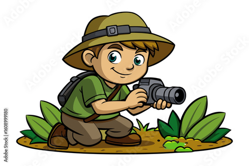 Young adventurer captures nature s wonders with camera in lush green surroundings