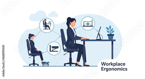 Illustration of proper workplace ergonomics with a woman seated at a desk, demonstrating correct posture and equipment setup for comfort and health.