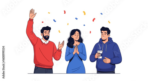 Three diverse individuals celebrating with confetti falling, one waving, another with hands clasped, and the third holding a beverage.