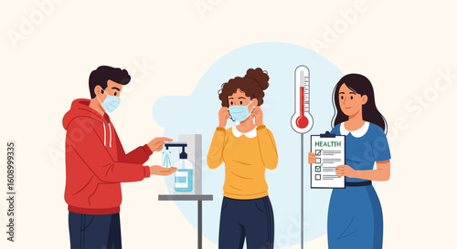 People practicing hygiene and health checks, including hand sanitizing, mask wearing, and temperature monitoring.