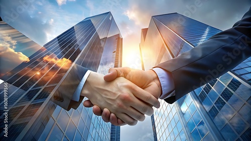  Double exposure image of business people handshake on city office building in background showing partnership success of business deal, Double Exposure Image of Business and Finance,