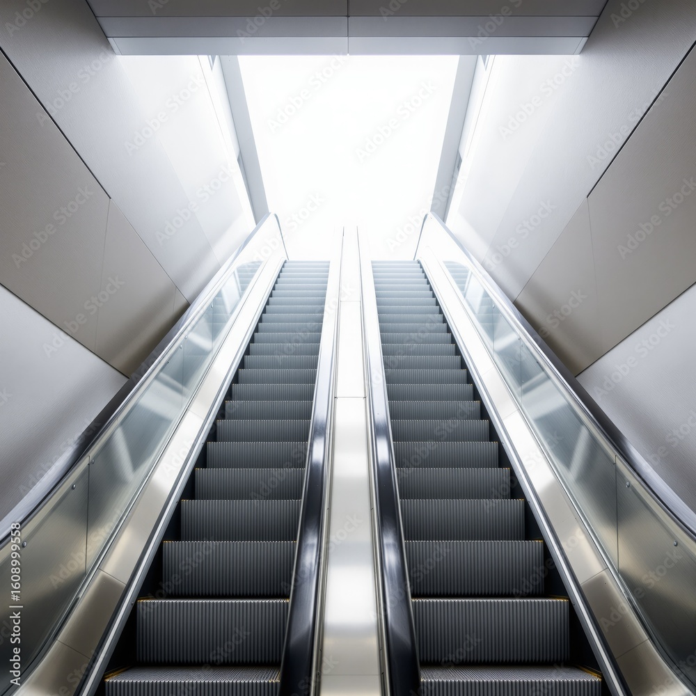 Obraz premium Symmetrical Escalator Ascends Towards Bright Light
