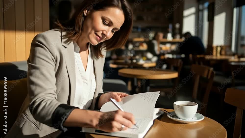 Woman in blazer writing in notebook at cafe table with coffee cup in warm sunlight ambiance indoor scene