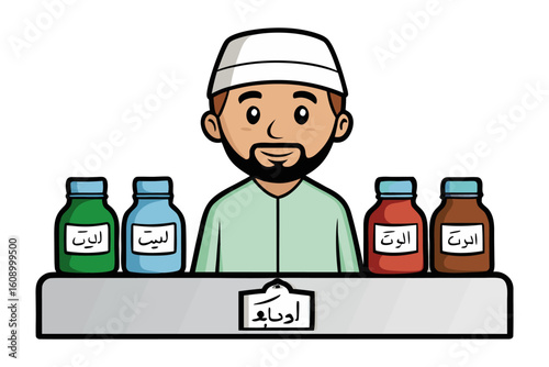 A muslim man in traditional attire stands behind a counter displaying four labeled bottles of perfume oils