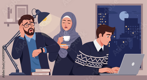 Overworked colleagues late at night in a busy office, stressed and tired.