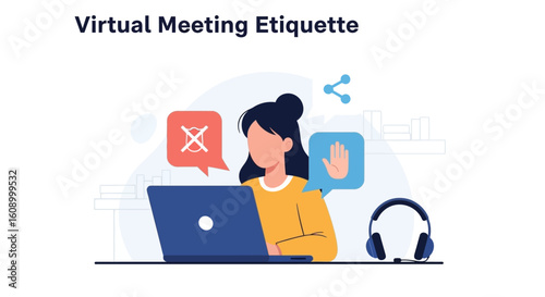 Woman using laptop for virtual meeting, demonstrating etiquette guidelines.