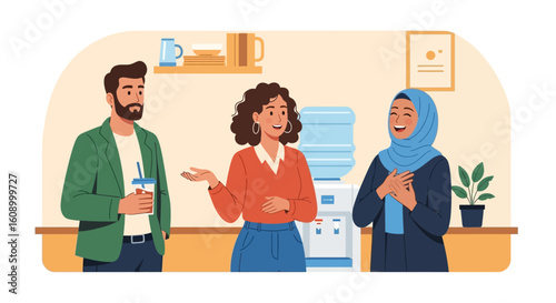 Three diverse colleagues chat and laugh together by the water cooler in a modern office.