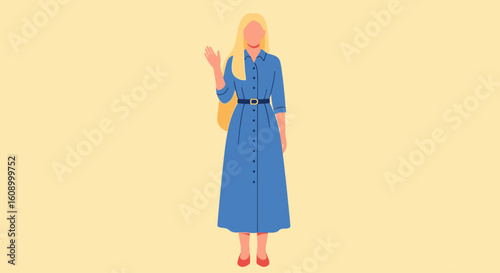 A full-body illustration of a blonde woman in a long blue dress with a belt, waving her hand.