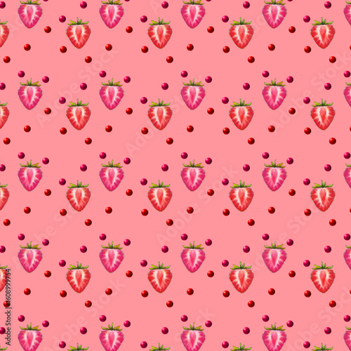 seamless pattern with pink water dropsseamless pattern strawberry, a dlightful pink pattern featuring whole and halved strawberries interspersed with small red dots, creating a sweet and vibrant desig
