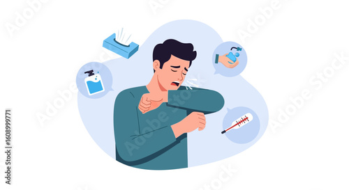 A sick man sneezes into his elbow, surrounded by icons of tissues, hand sanitizer, hand washing, and a thermometer.