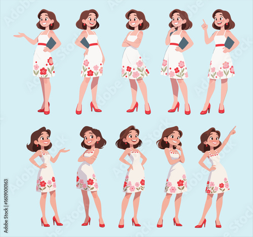Charming Woman in Floral Dress Posing in Multiple Expressions, Perfect for Marketing, Business Presentations, and Creative Design Projects flat vector illustration