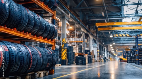 Modern tire warehouse interior with organized shelves and high-quality tires ready for distribution and sale