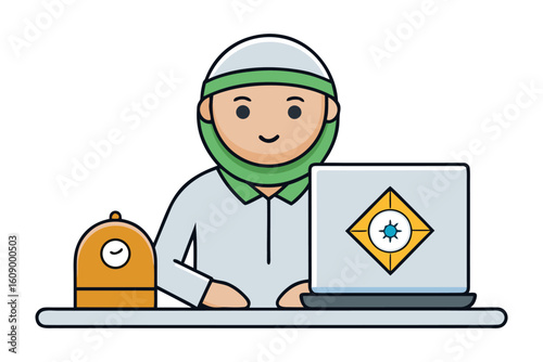 A young muslim man wearing a white kufi and green hijab sits at a desk with a laptop and a clock symbolizing modern islamic life and learning