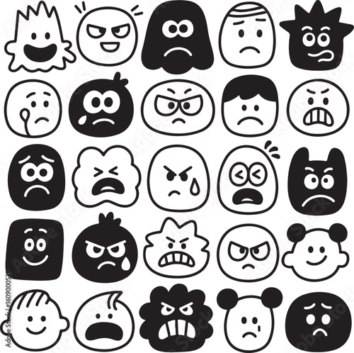Collection of Expressive Cartoon Emoticons A Diverse Range of Emotions Displayed Through Simple Black and White Vector Graphics