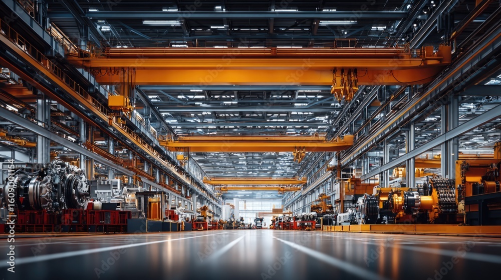 Fototapeta premium Spacious industrial warehouse with machinery and overhead cranes creating a modern manufacturing environment