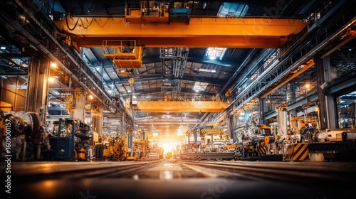 Industrial Warehouse Interior with Heavy Machinery and Cranes at Sunset in a Manufacturing Facility