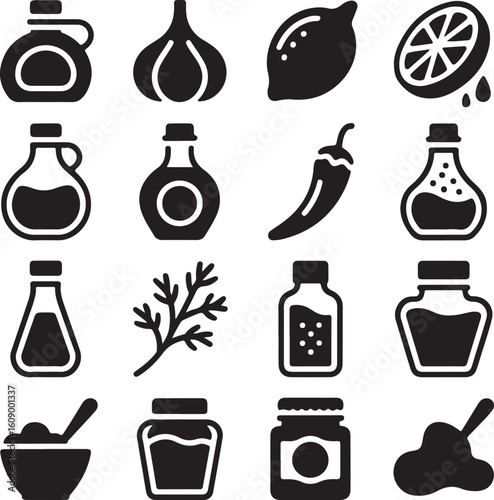 Assorted food ingredients and condiments in containers bottle garlic