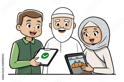 Diverse muslim family engages with technology showing approval and harvest images on digital devices together happily